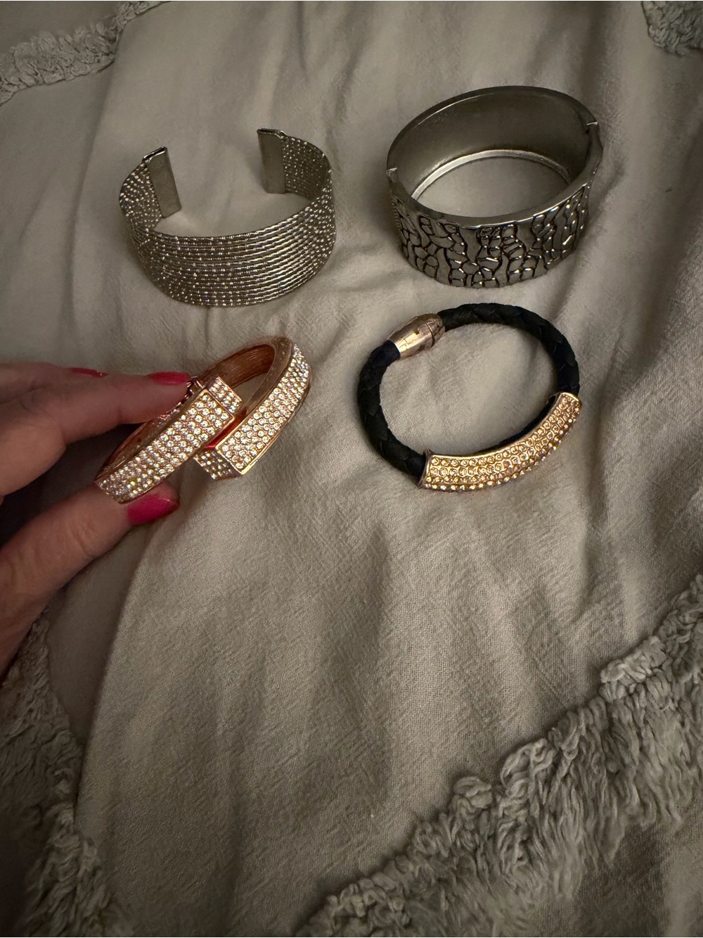 Guess Gold-Tone Crystal Pavé Bracelet with Black Leather Accent-Bundle of 4